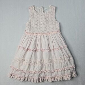Girl's 6X Pink Polly‎ Flinders Heirlooms Dress Eyelet Ruffles Cotton Rhinestones